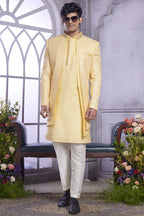 Light Yellow Art Silk Indo Western Traditional Sherwani Kurta with Jacket & Pant for Men for Wedding - Embroidery Work