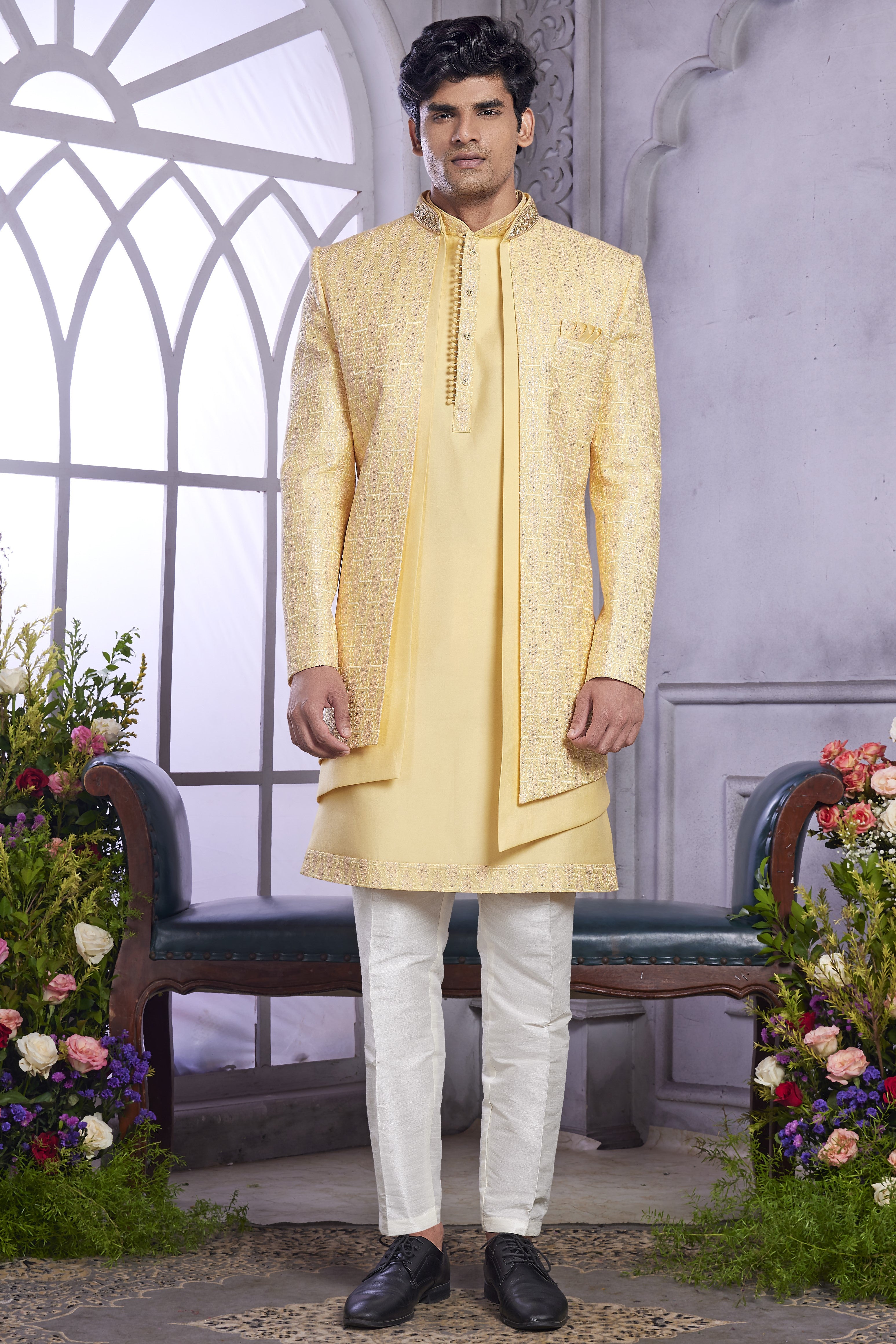 Light Yellow Art Silk Indo Western Traditional Sherwani Kurta with Jacket & Pant for Men for Wedding - Embroidery Work