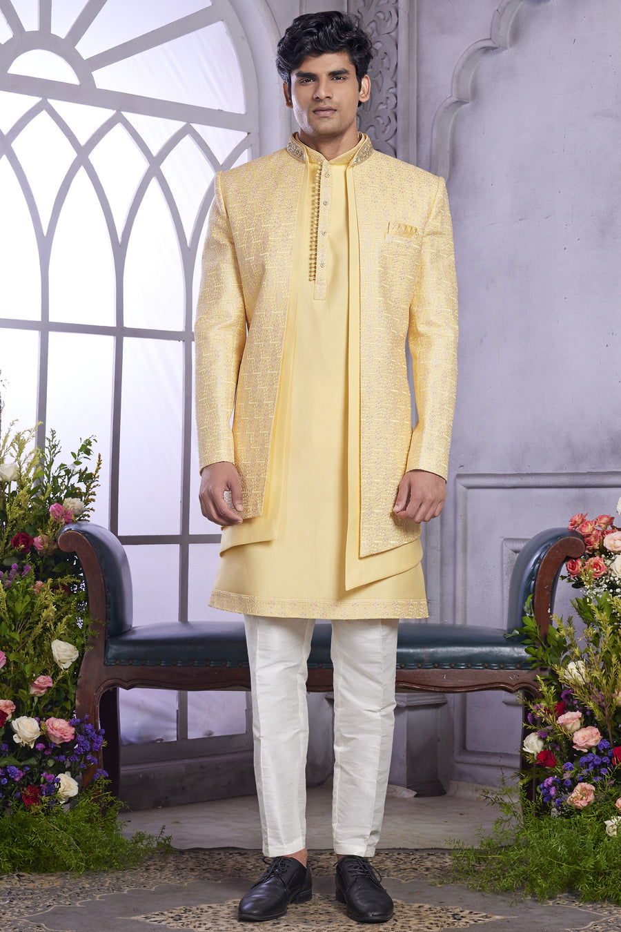 Light Yellow Art Silk Indo Western Traditional Sherwani Kurta with Jacket & Pant for Men for Wedding - Embroidery Work