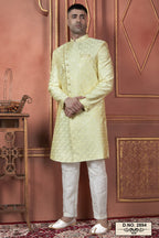 Light Yellow Art Silk Traditional Indo Western Sherwani Kurta with Jacket & Pant for Men - Thread Embroidery Work