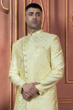 Light Yellow Art Silk Traditional Indo Western Sherwani Kurta with Jacket & Pant for Men - Thread Embroidery Work
