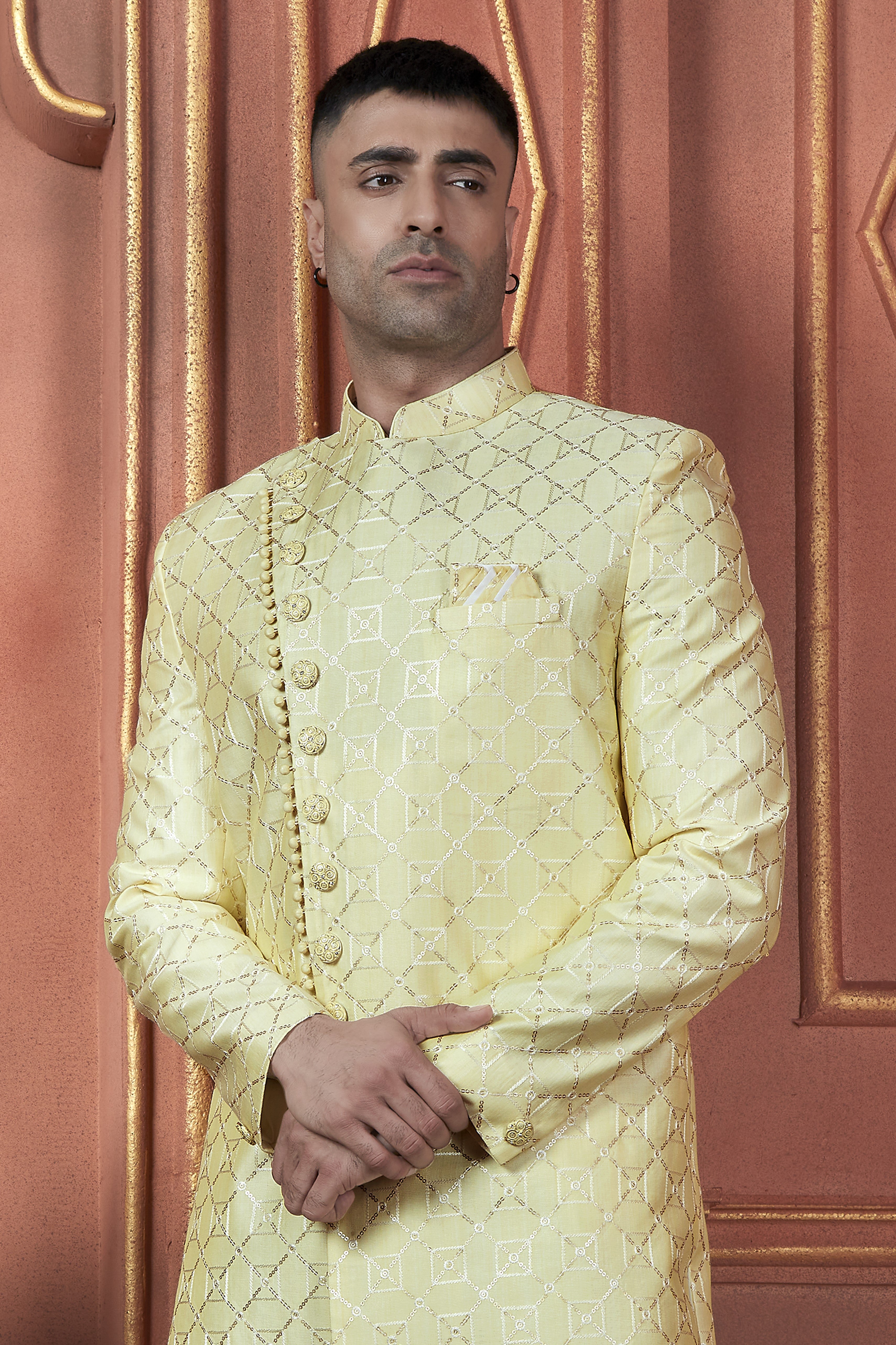 Light Yellow Art Silk Traditional Indo Western Sherwani Kurta with Jacket & Pant for Men - Thread Embroidery Work