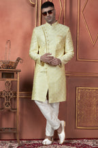 Light Yellow Art Silk Traditional Indo Western Sherwani Kurta with Jacket & Pant for Men - Thread Embroidery Work