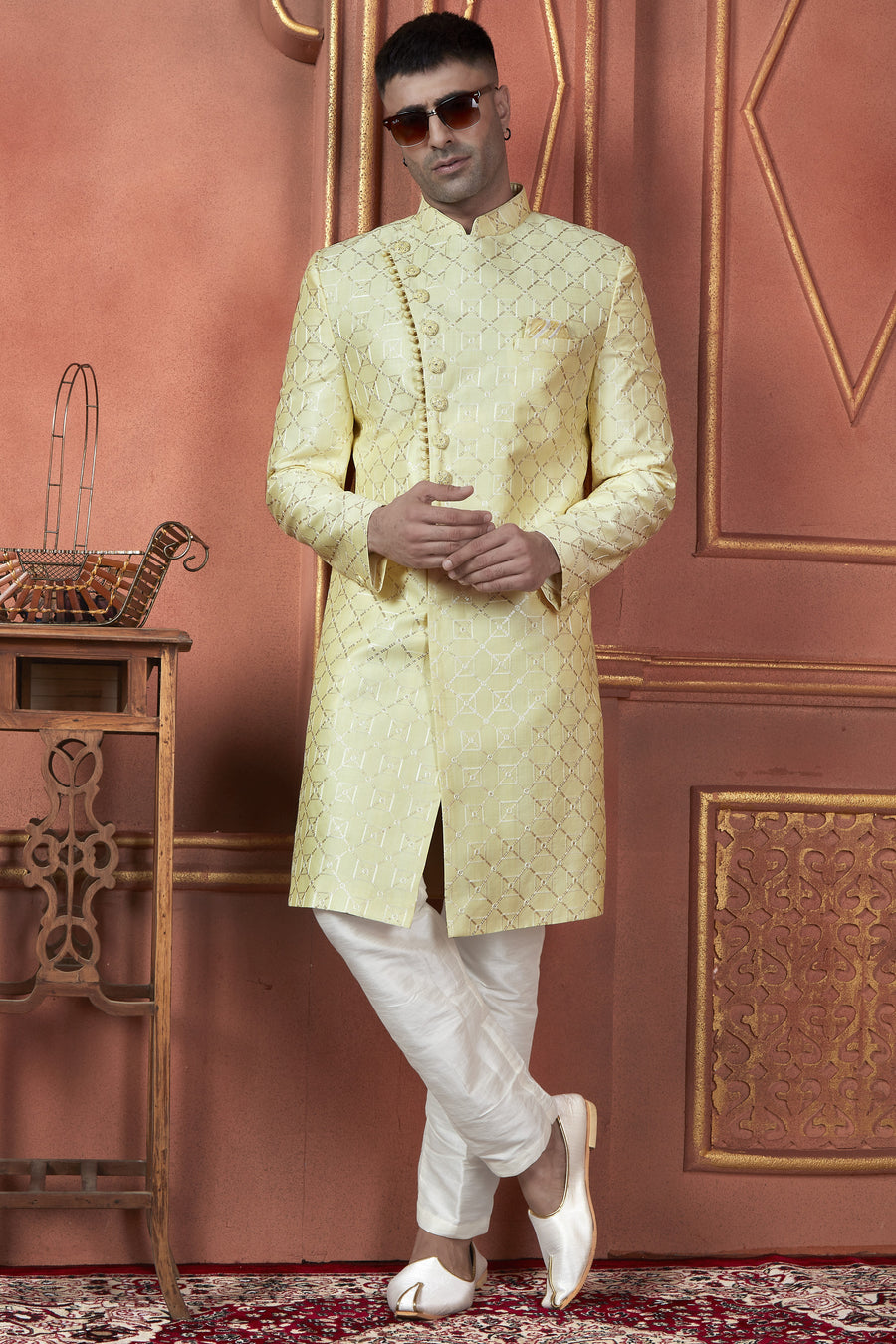 Light Yellow Art Silk Traditional Indo Western Sherwani Kurta with Jacket & Pant for Men - Thread Embroidery Work
