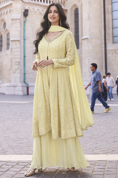 Light Yellow Georgette Palazzo Suit Dress For Indian Festivals & Pakistani Weddings - Embroidery Work