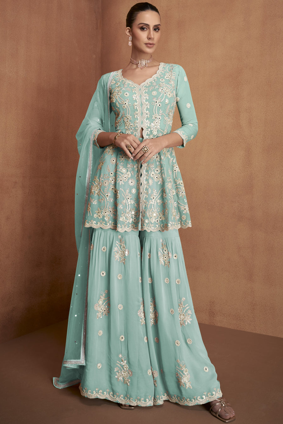 Sharara for Women with Light Firozi Georgette Embroidery