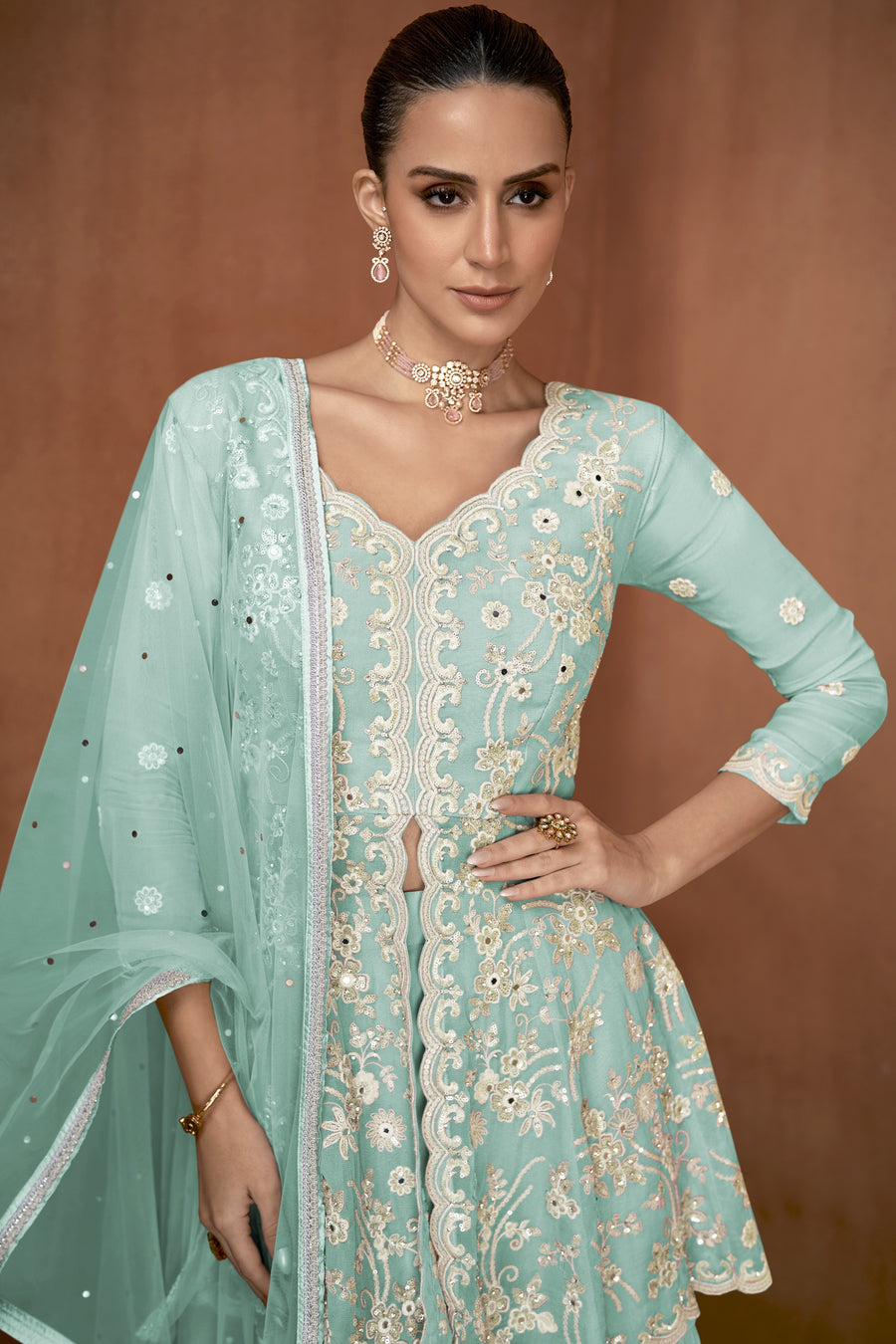 Sharara for Women with Light Firozi Georgette Embroidery