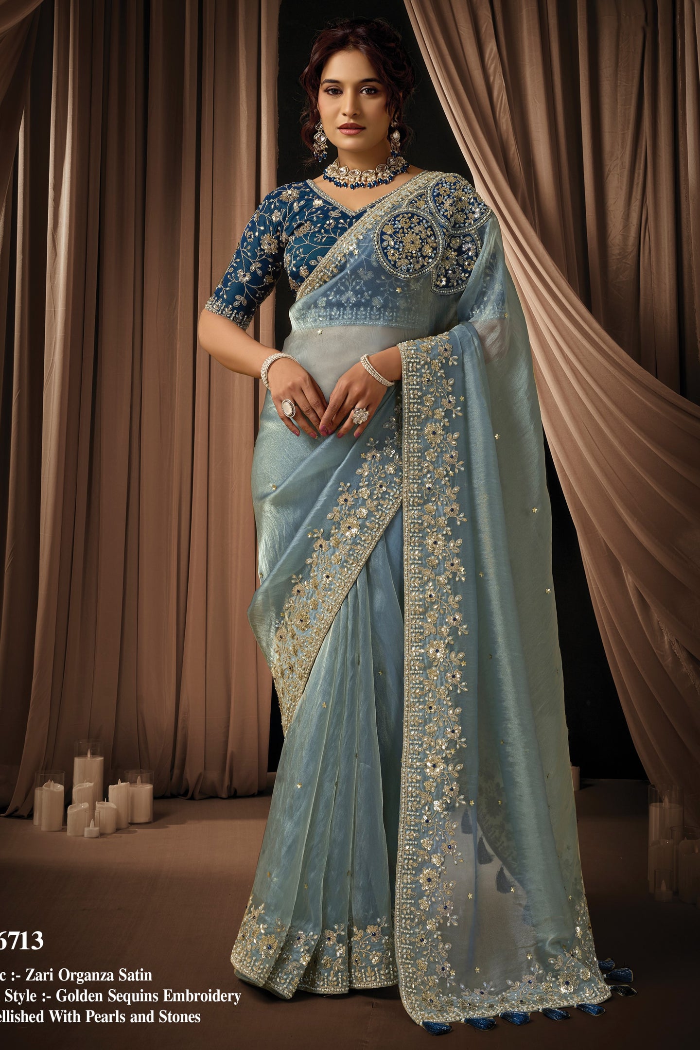 Teal Blue Sequins Saree for Wedding Guest in Satin Silk - Pearl Handwork