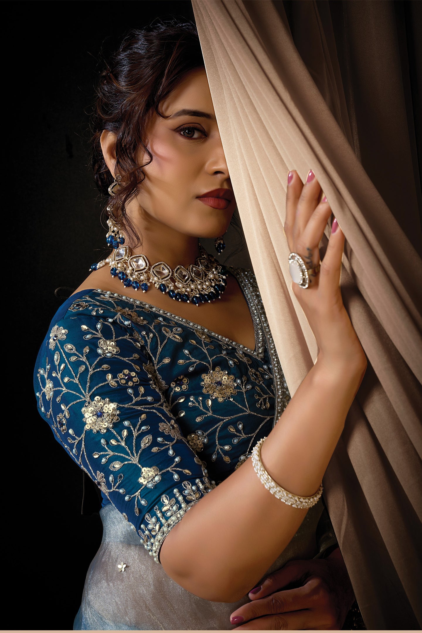 Teal Blue Sequins Saree for Wedding Guest in Satin Silk - Pearl Handwork