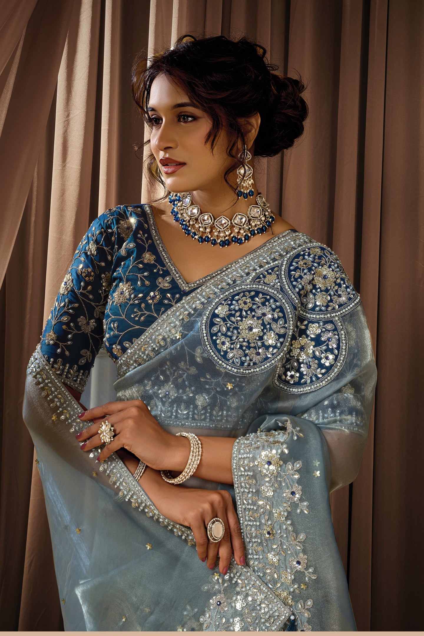 Teal Blue Sequins Saree for Wedding Guest in Satin Silk - Pearl Handwork