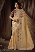 Light Gold Crepe Satin Saree for Wedding Guest with Sequins and Crystal Work