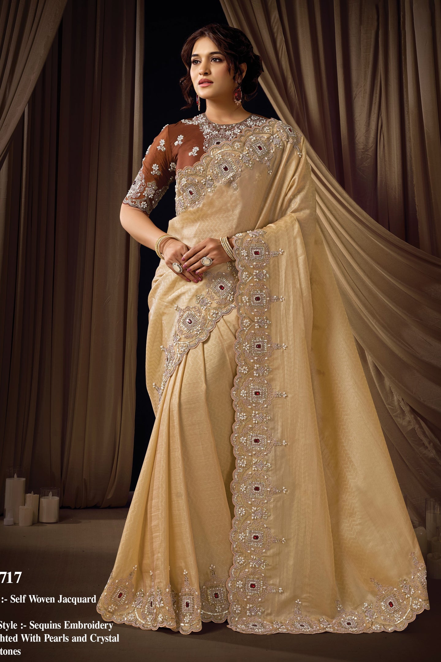 Beige Sequins Saree for Wedding Guest - Pearl & Crystal Stone Handwork