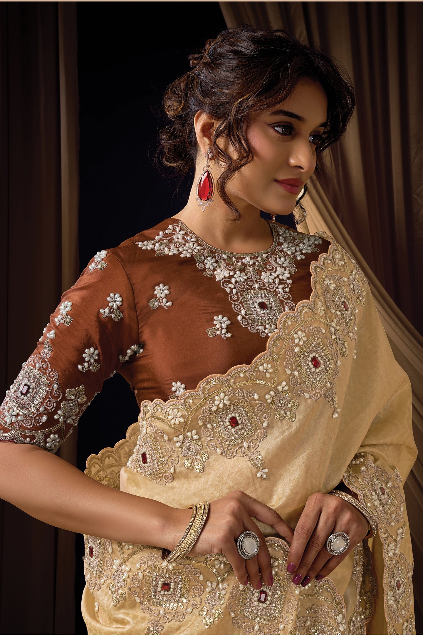 Beige Sequins Saree for Wedding Guest - Pearl & Crystal Stone Handwork