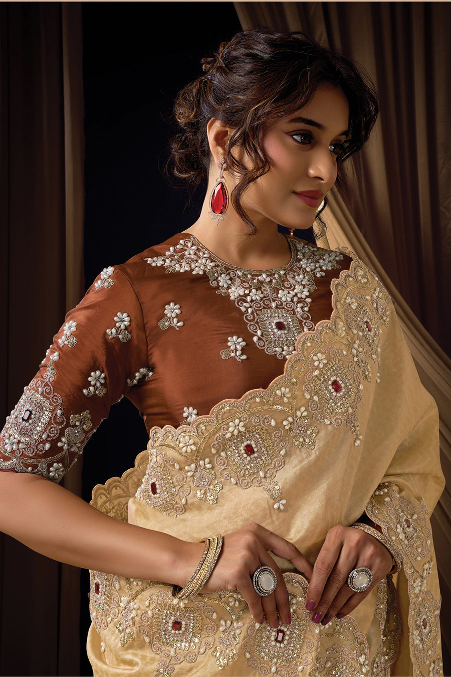 Light Gold Crepe Satin Saree for Wedding Guest with Sequins and Crystal Work