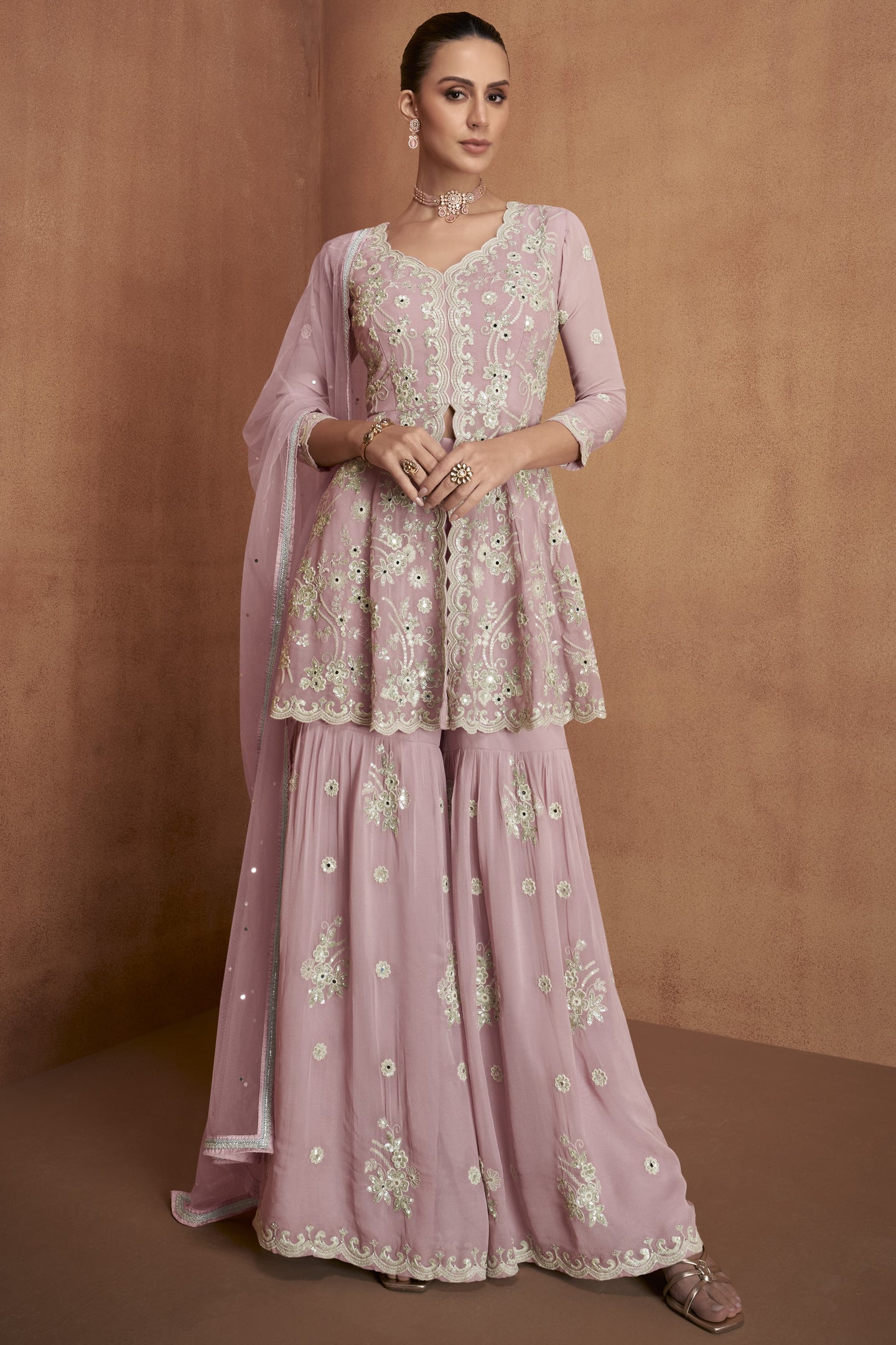 Sharara for Women with Light Pink Georgette Thread Work