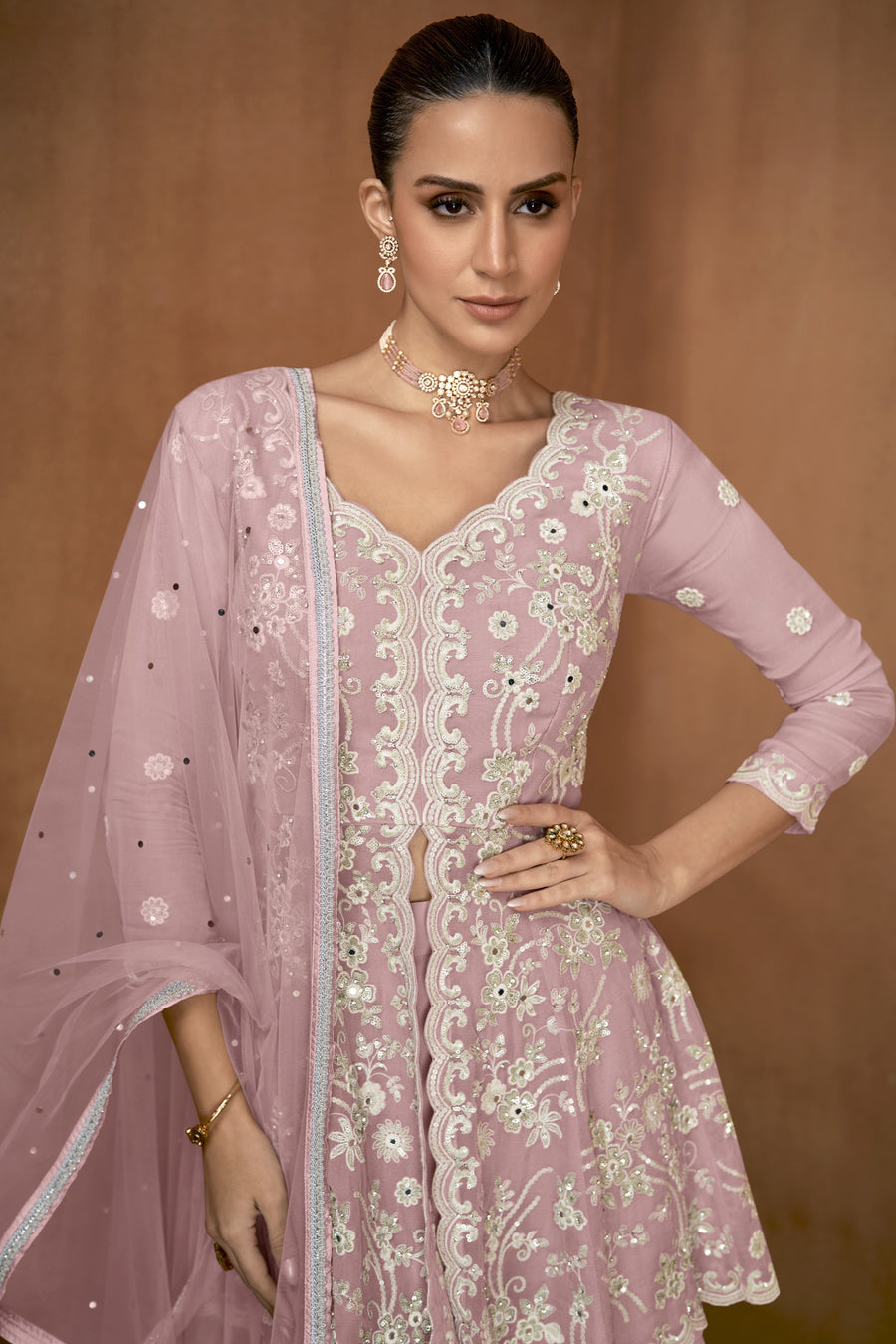 Sharara for Women with Light Pink Georgette Thread Work