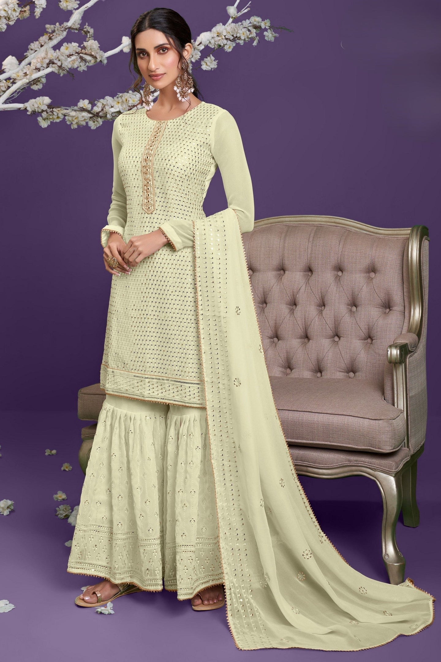 Light Yellow Georgette Sharara Set for Women for Wedding & Henna Ceremony - Sequence & Thread Embroidery Work, Khatli Work
