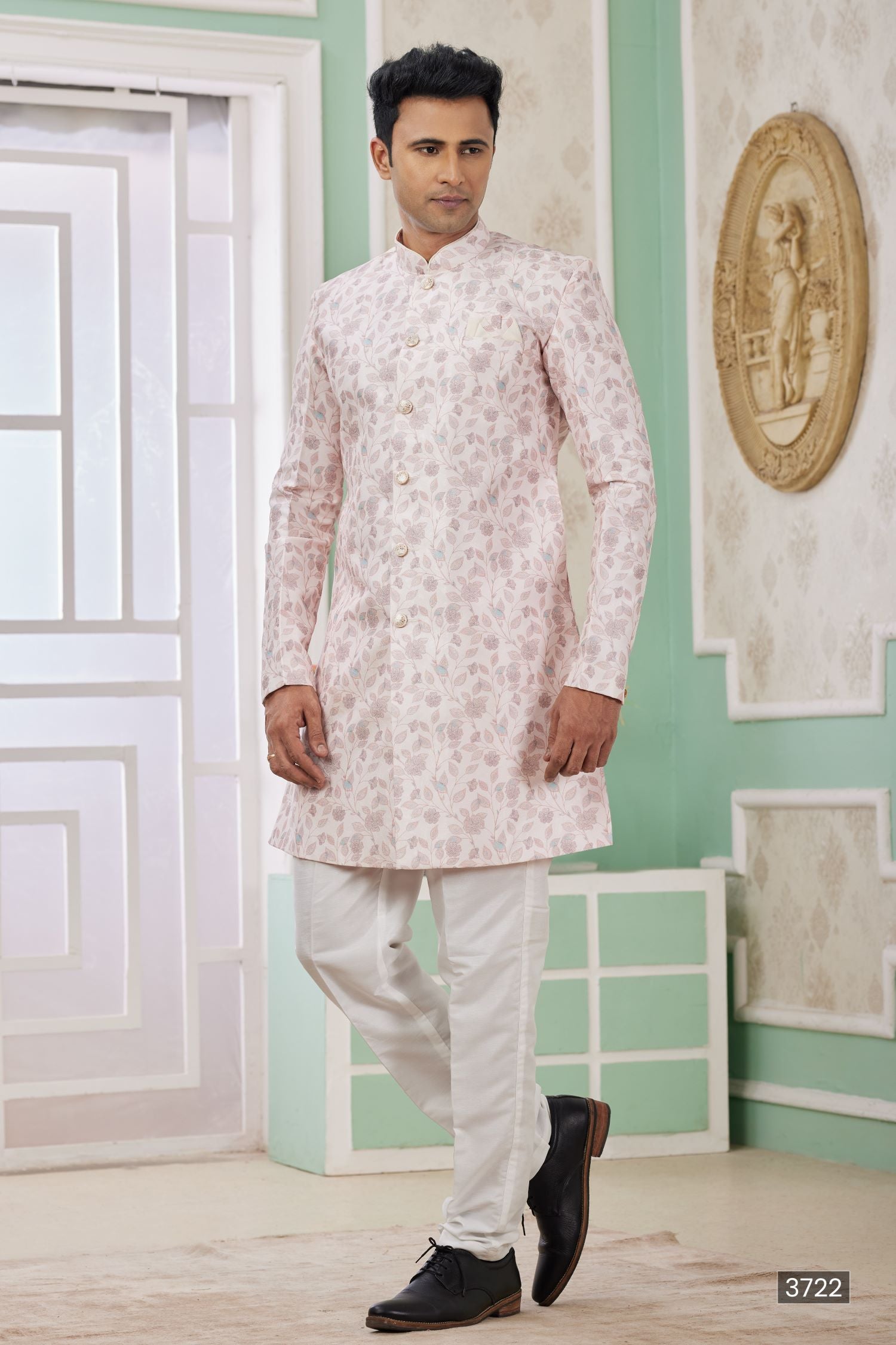 Lilac Pink Jacquard Silk Men's Indo Western Clothing with Embroidery