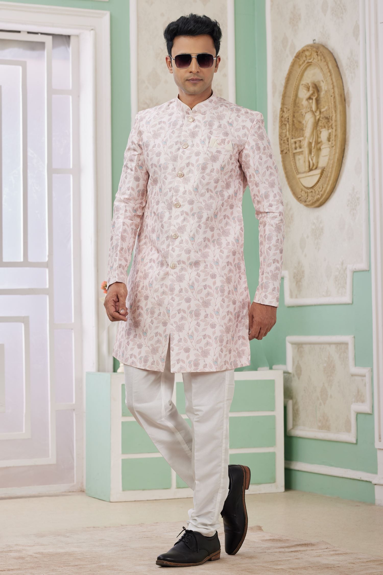 Lilac Pink Jacquard Silk Men's Indo Western Clothing with Embroidery
