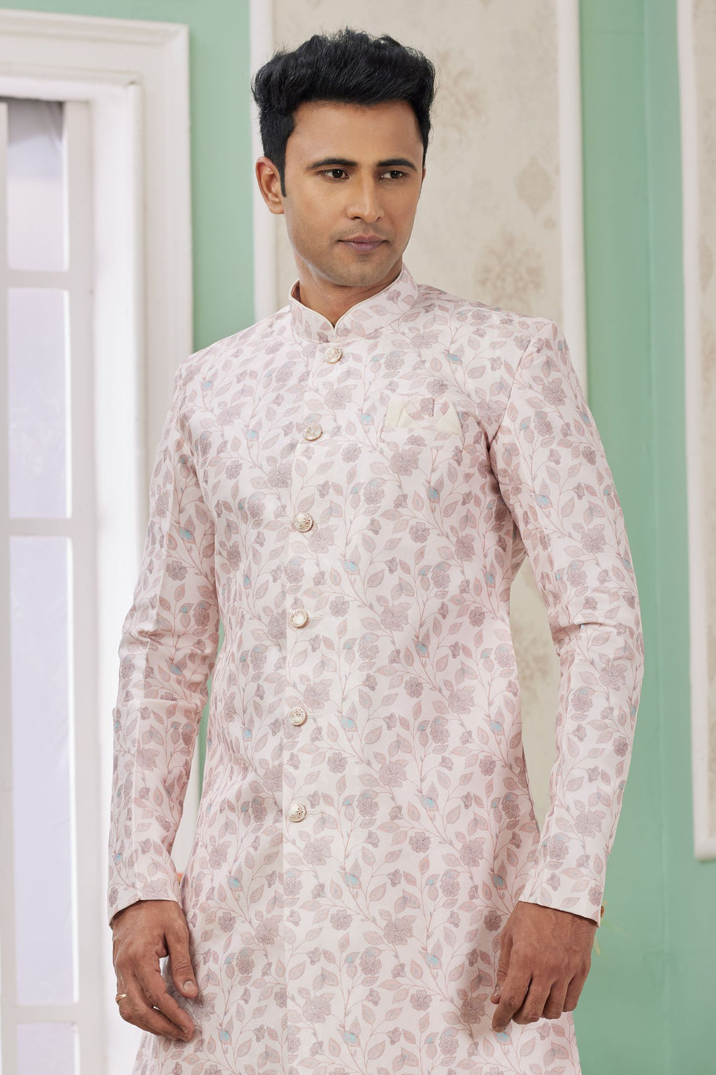 Lilac Pink Jacquard Silk Men's Indo Western Clothing with Embroidery