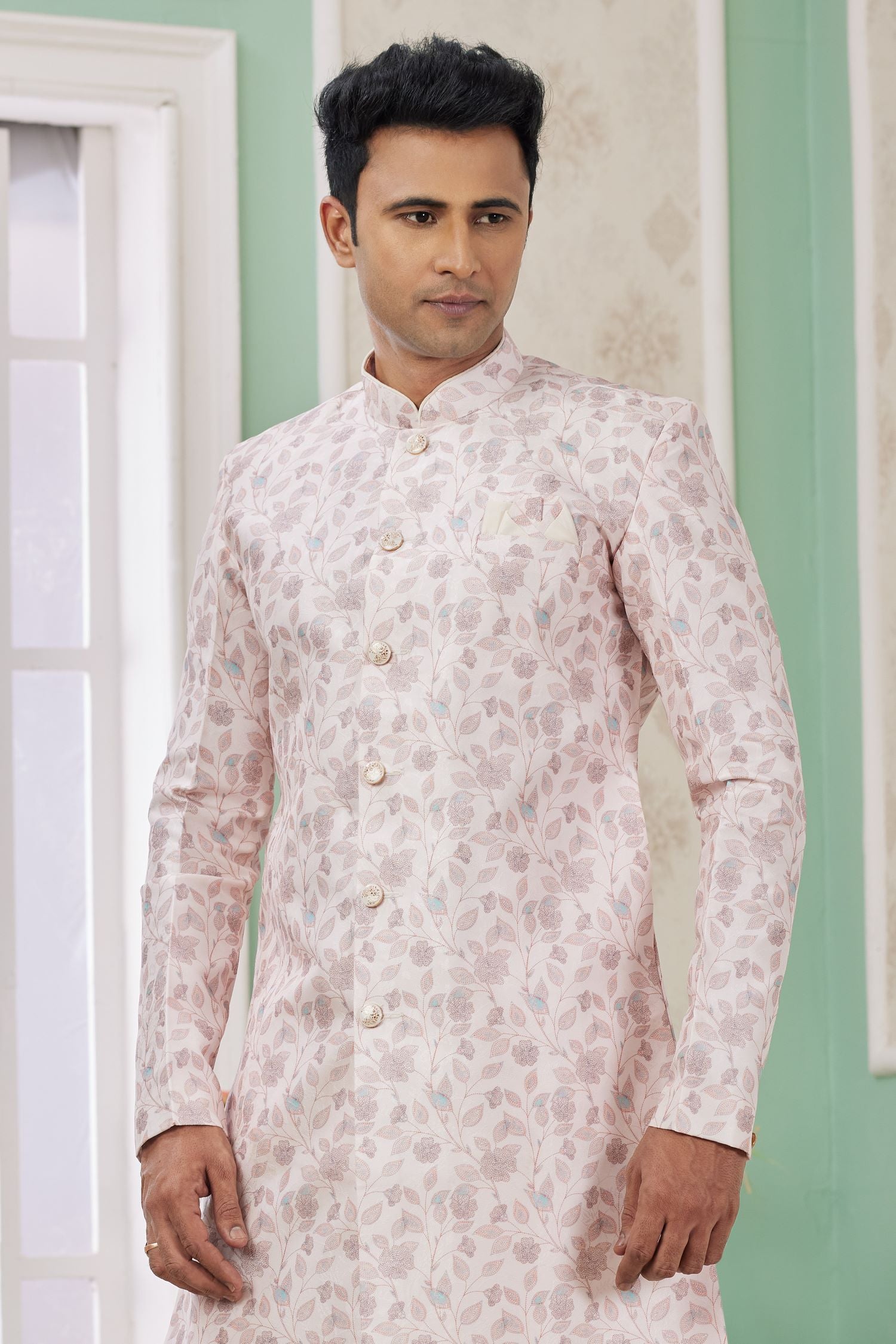 Lilac Pink Jacquard Silk Men's Indo Western Clothing with Embroidery