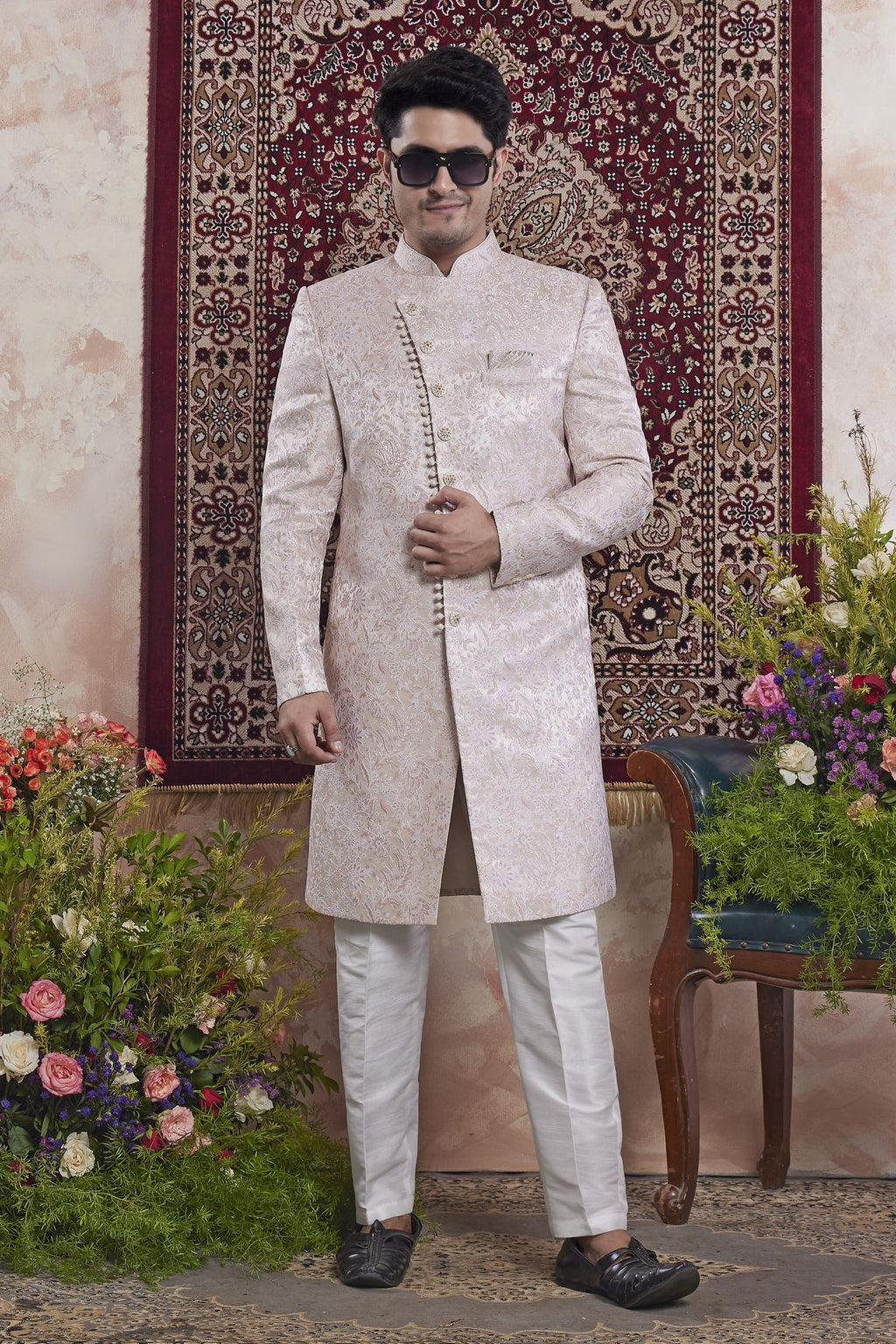 Lilac Pink Jacquard Woven Indo Western Mens Indian Wedding Attire