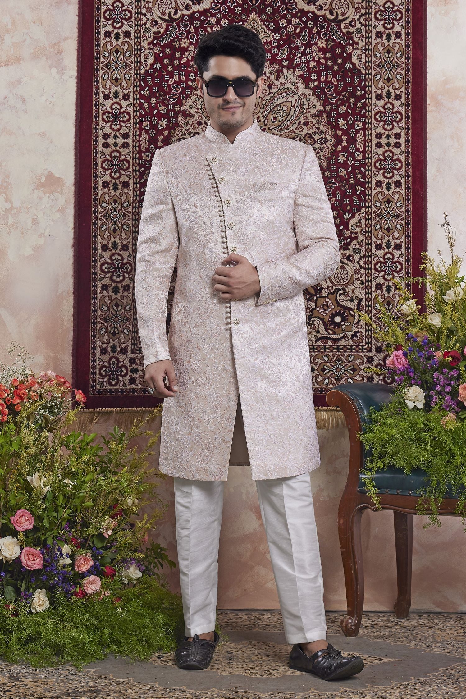 Lilac Pink Jacquard Woven Indo Western Mens Indian Wedding Attire