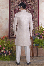 Lilac Pink Jacquard Woven Indo Western Mens Indian Wedding Attire