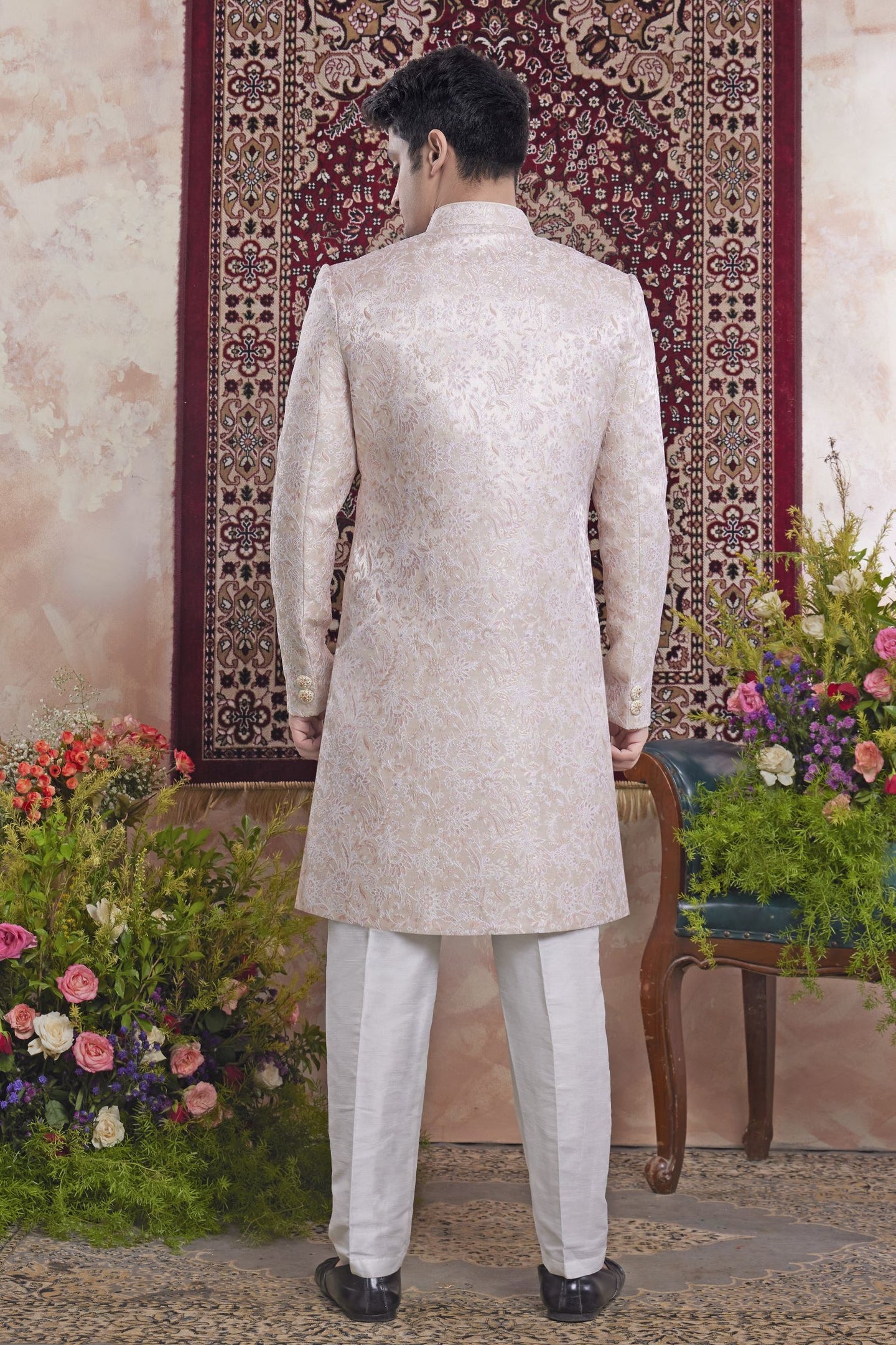 Lilac Pink Jacquard Woven Indo Western Mens Indian Wedding Attire