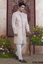 Lilac Pink Jacquard Woven Indo Western Mens Indian Wedding Attire