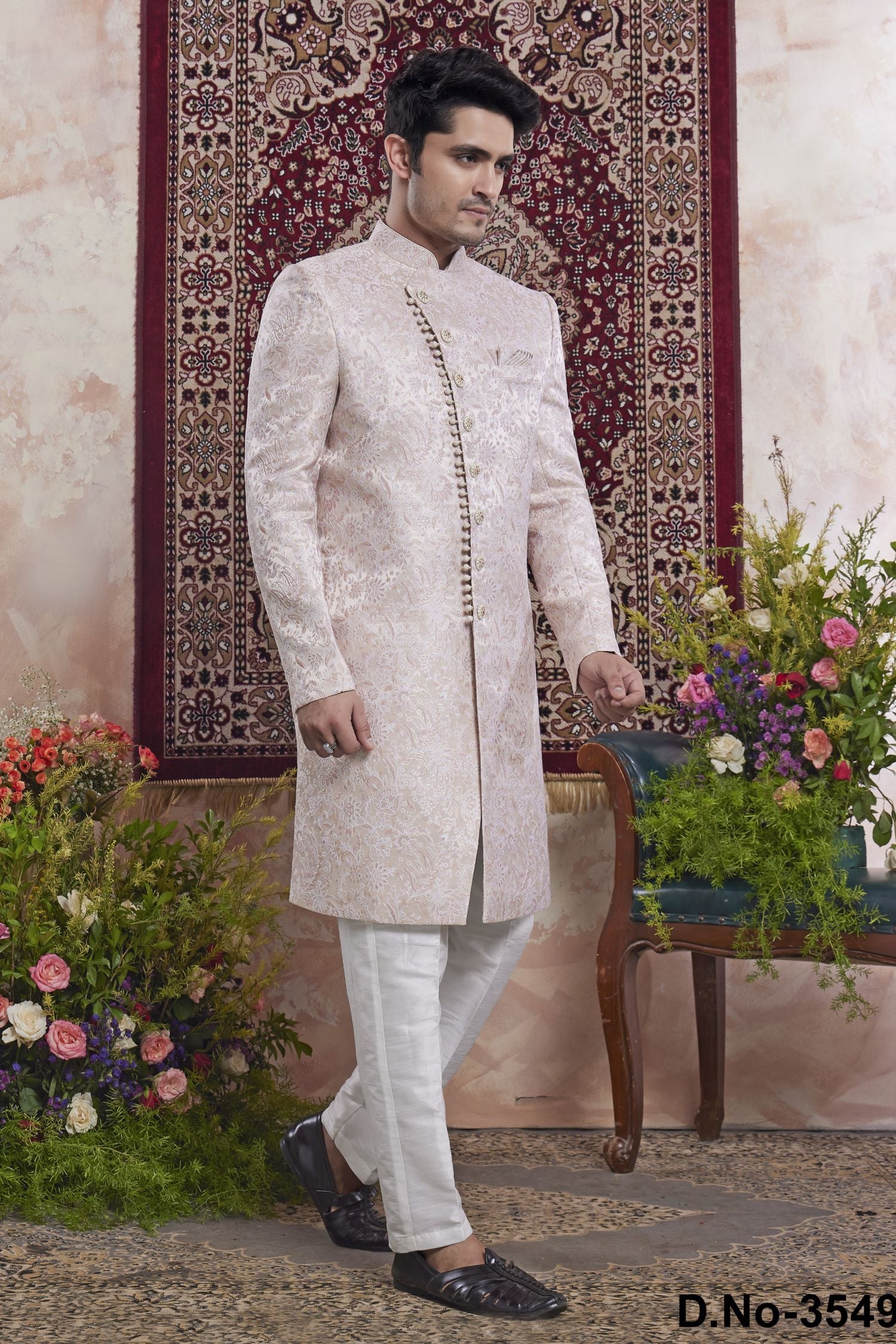 Lilac Pink Jacquard Woven Indo Western Mens Indian Wedding Attire