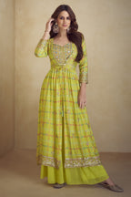 Lime Green Chinon Silk Plazo Choli With Jacket For Indian & Pakistani Wedding Festival - Embroidery Work, Print Work