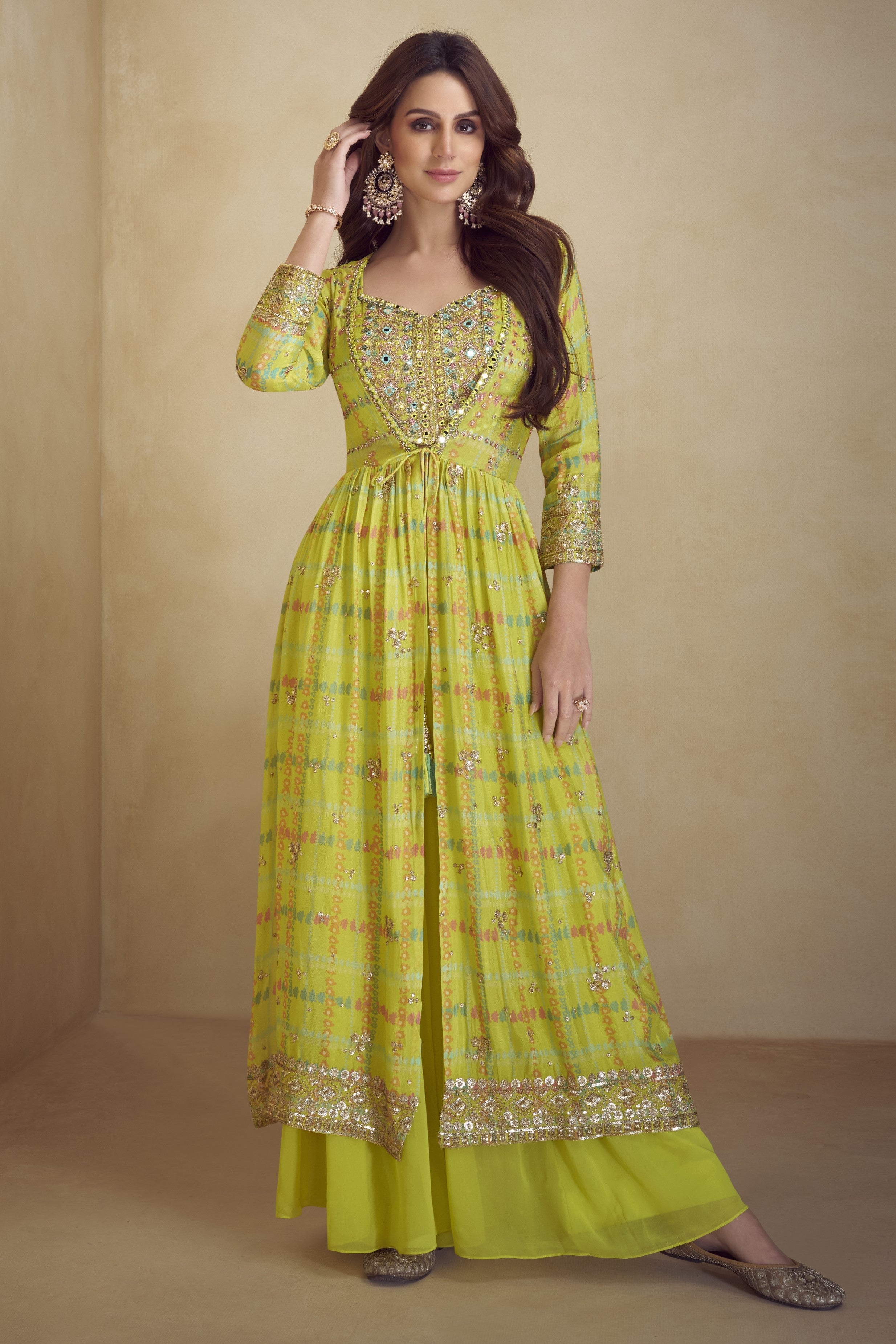 Lime Green Chinon Silk Plazo Choli With Jacket For Indian & Pakistani Wedding Festival - Embroidery Work, Print Work