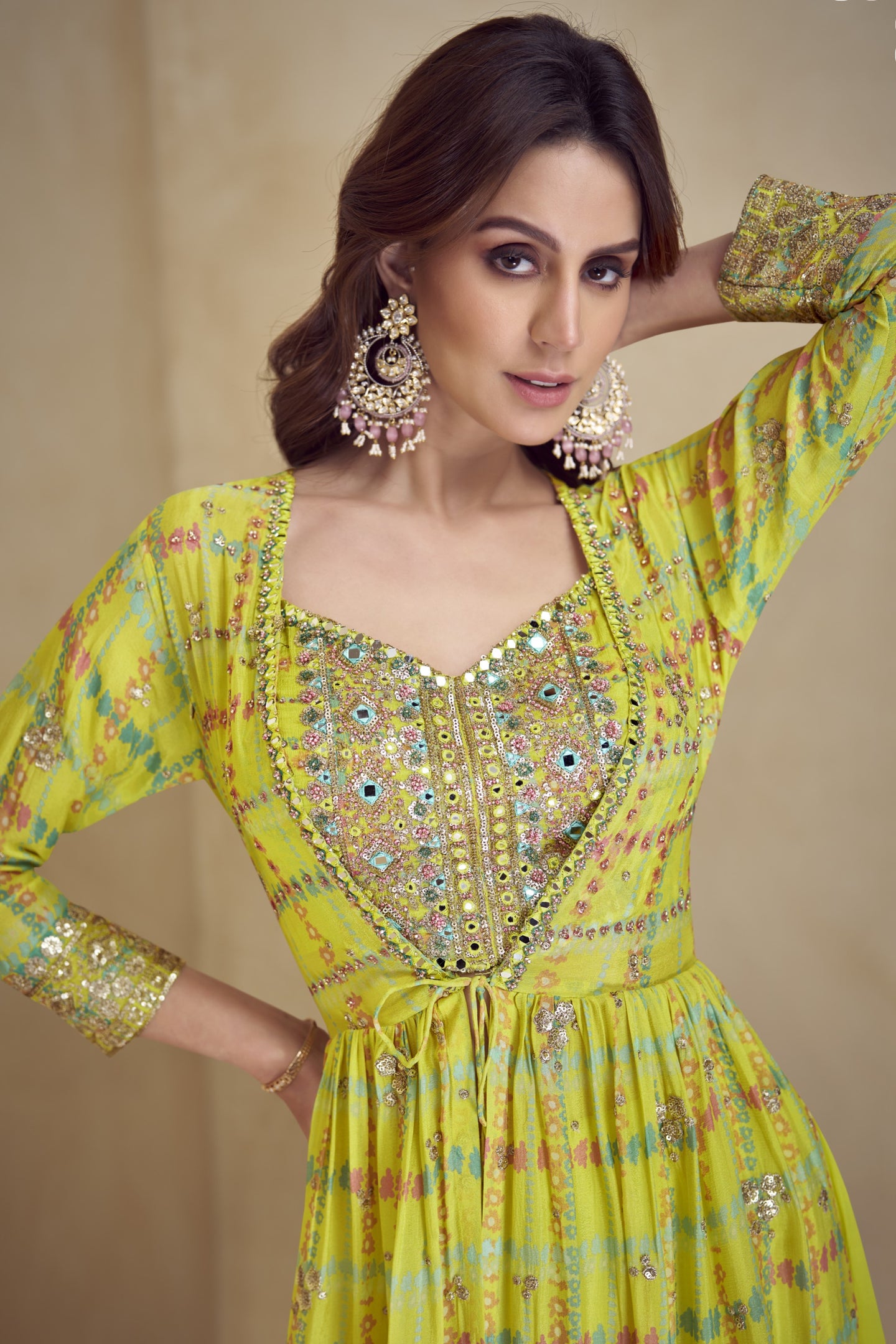 Lime Green Chinon Silk Plazo Choli With Jacket For Indian & Pakistani Wedding Festival - Embroidery Work, Print Work