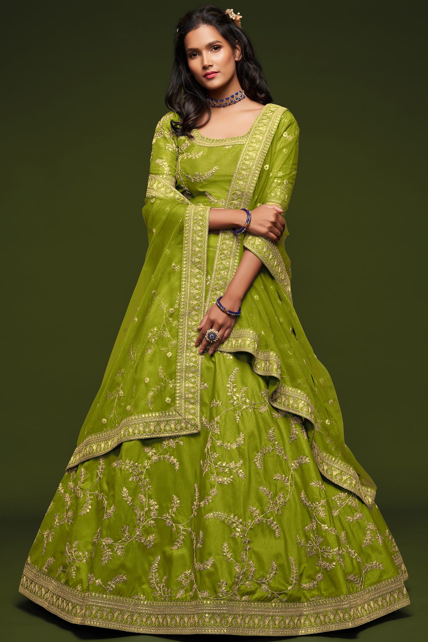 Lemon Embroidered Lehenga Choli Art Silk with Dori Zari Work