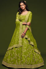 Lime Green Embroidered Lehenga Choli Art Silk with Dori Zari Work