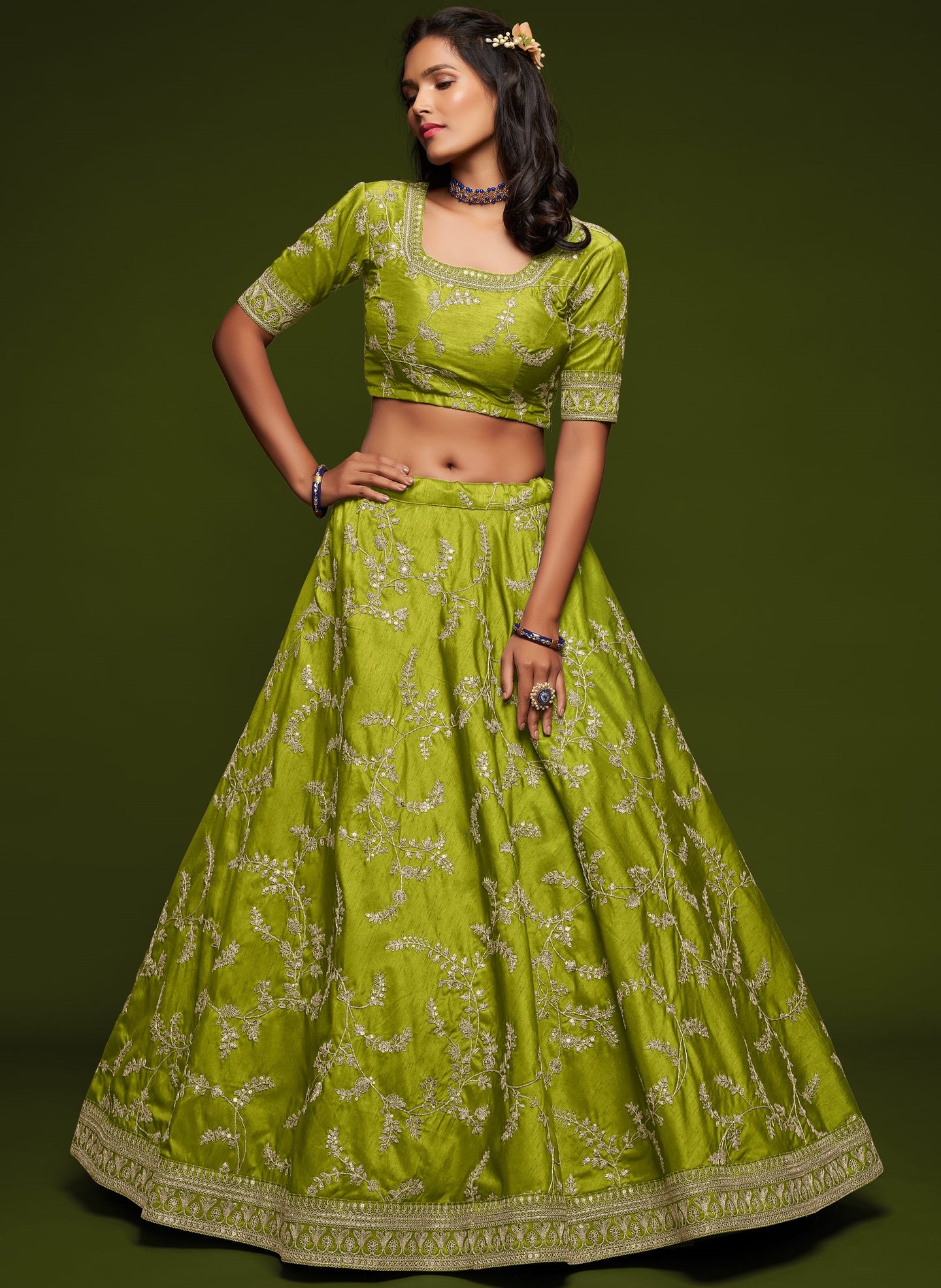 Lemon Embroidered Lehenga Choli Art Silk with Dori Zari Work