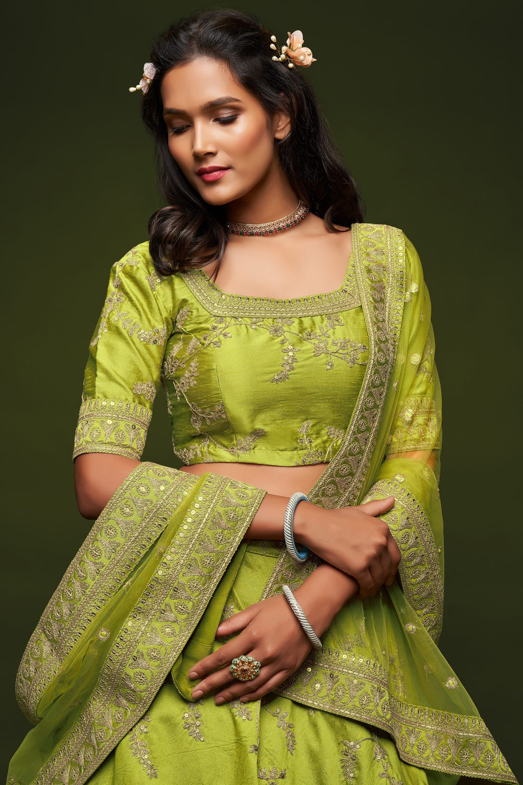 Lemon Embroidered Lehenga Choli Art Silk with Dori Zari Work