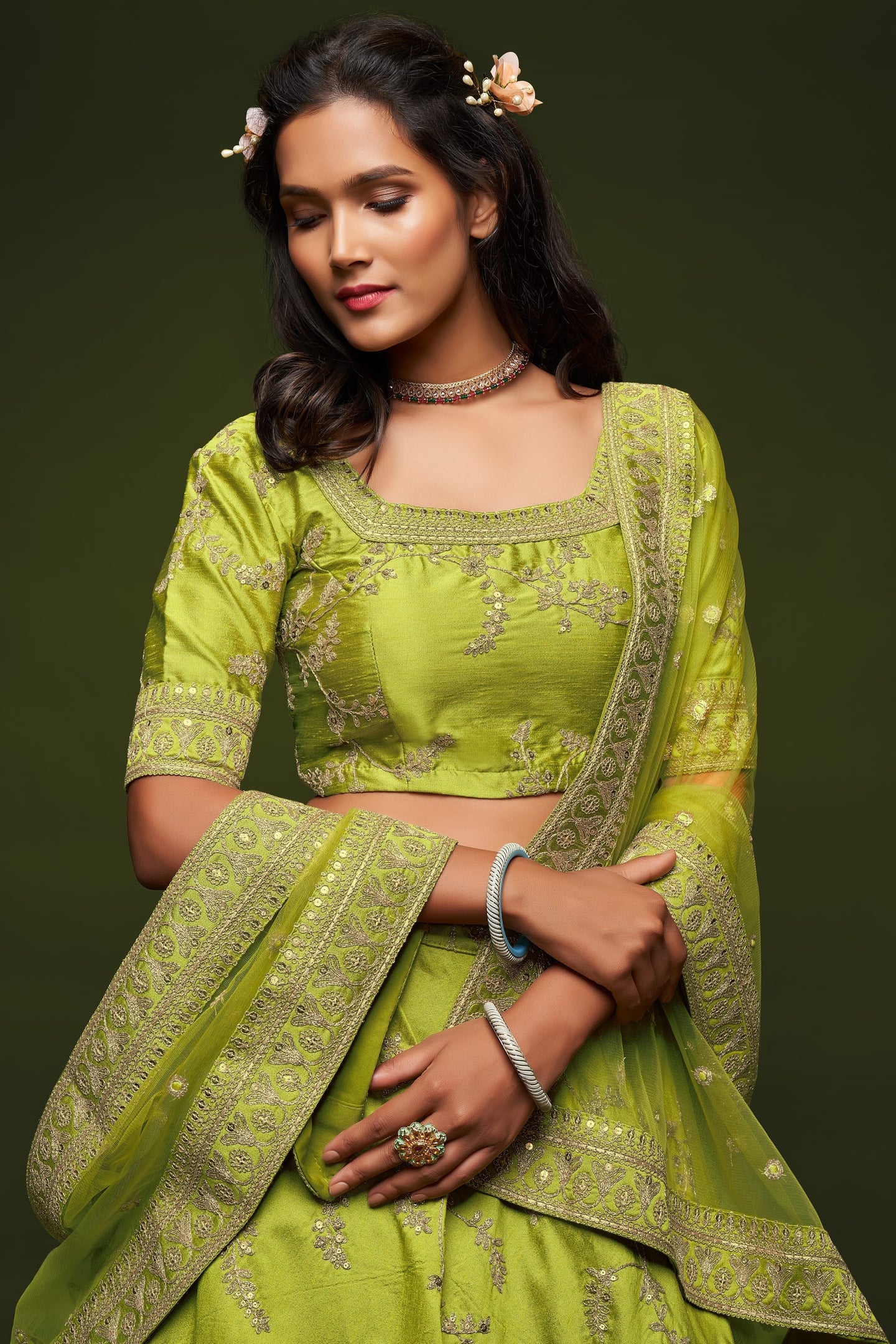 Lemon Embroidered Lehenga Choli Art Silk with Dori Zari Work