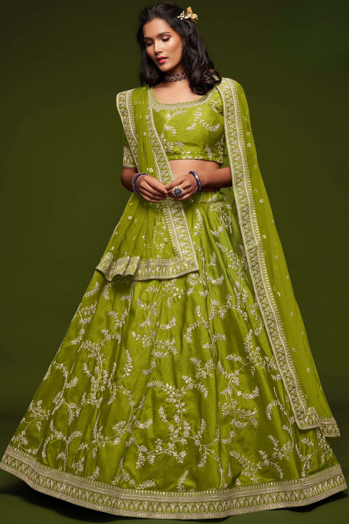 Lemon Embroidered Lehenga Choli Art Silk with Dori Zari Work