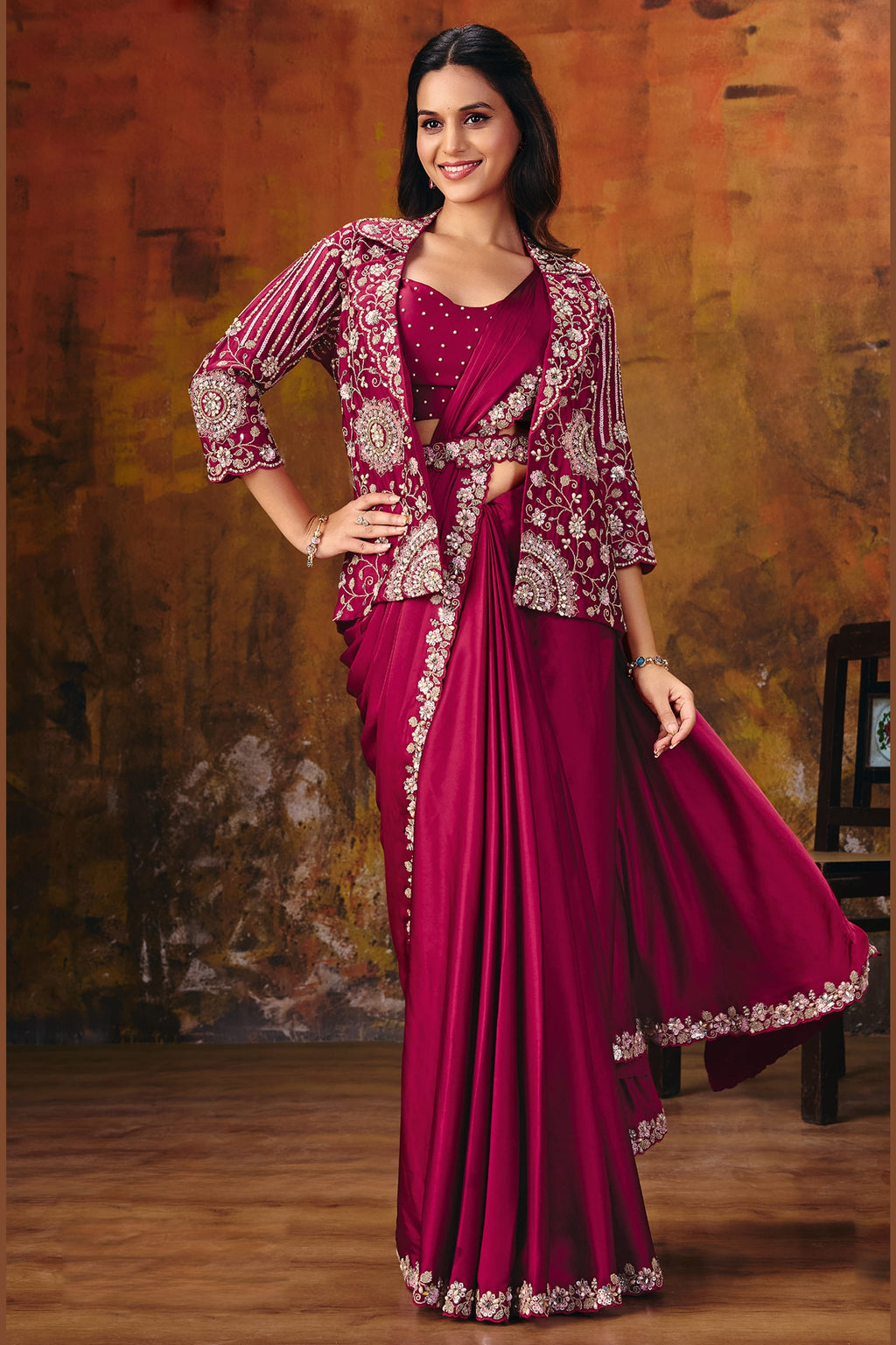 Dark red ready-to-wear saree for wedding events with embroidered satin silk blouse and matching jacket, full front view