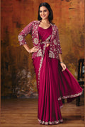 Dark red ready-to-wear saree for wedding events with embroidered satin silk blouse and matching jacket, full front view