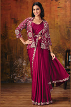 Dark red ready-to-wear saree for wedding events with embroidered satin silk blouse and matching jacket, full front view