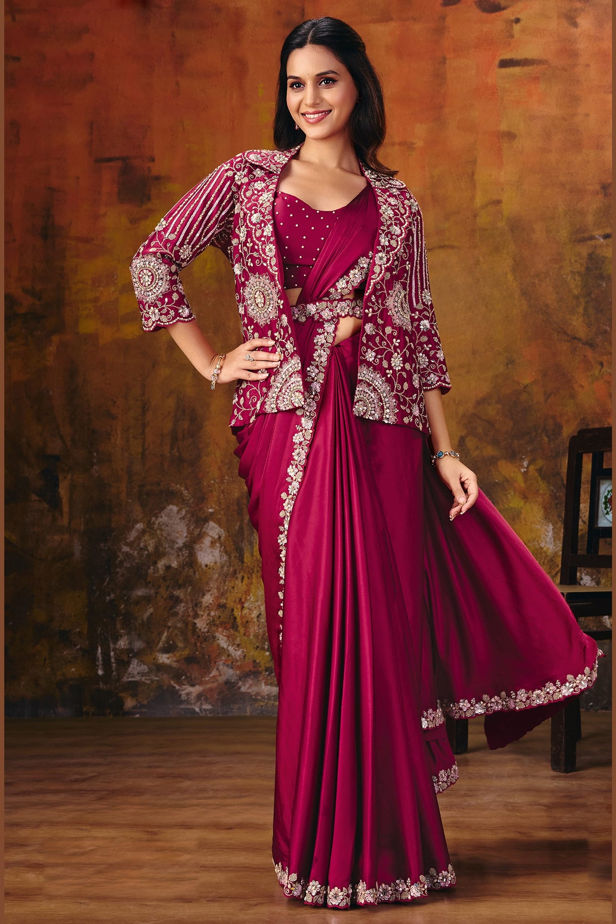 Dark red ready-to-wear saree for wedding events with embroidered satin silk blouse and matching jacket, full front view
