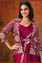 Dark red satin silk saree blouse neckline closeup with sequin embroidery