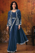Navy blue velvet satin silk saree for party with embroidered jacket, full front view