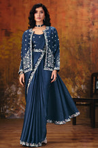 Navy blue velvet satin silk saree for party with embroidered jacket, full front view