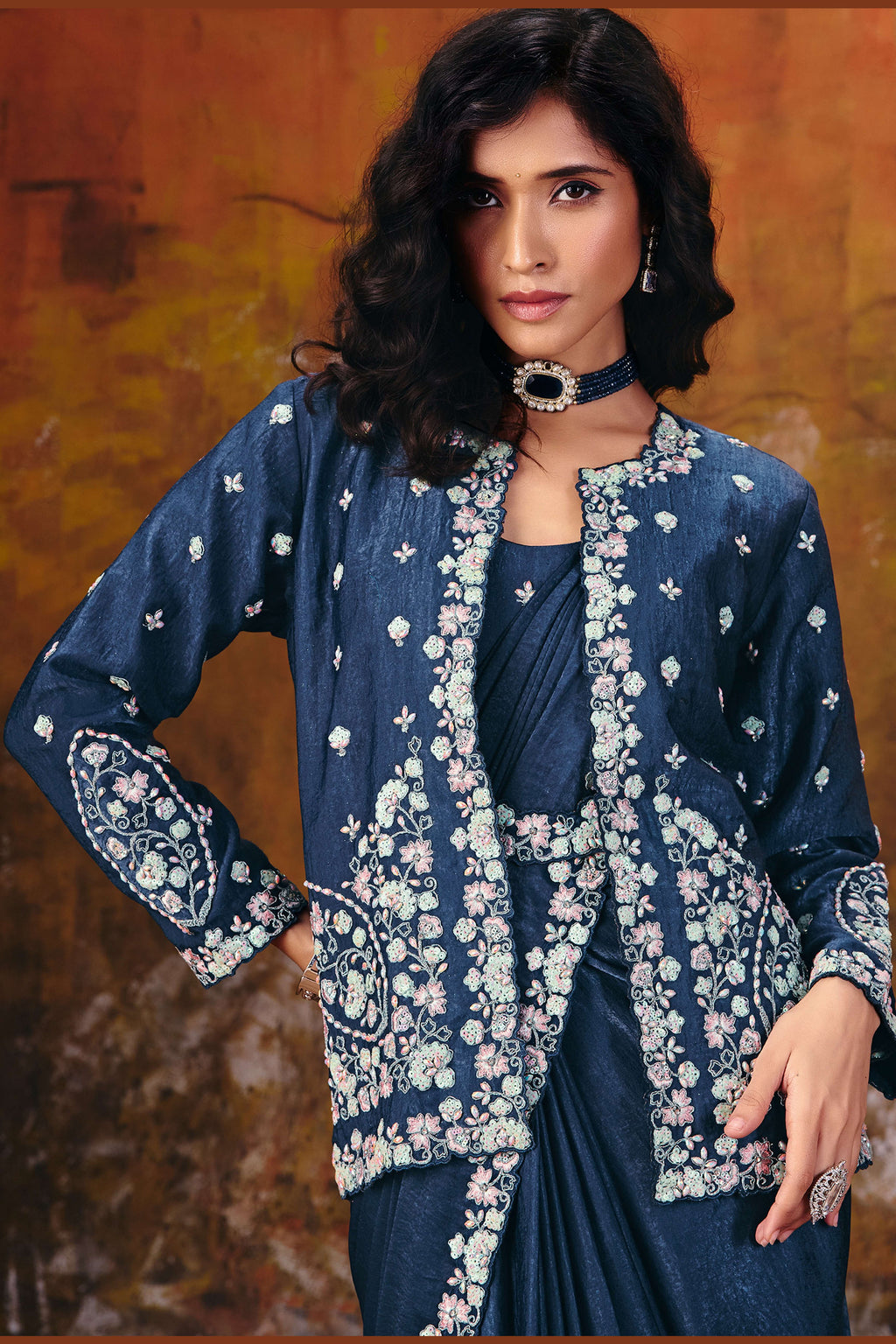 Embroidered navy blue saree jacket detail with pearl and stone work