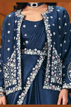 Navy blue party wear saree back view of the embroidered jacket