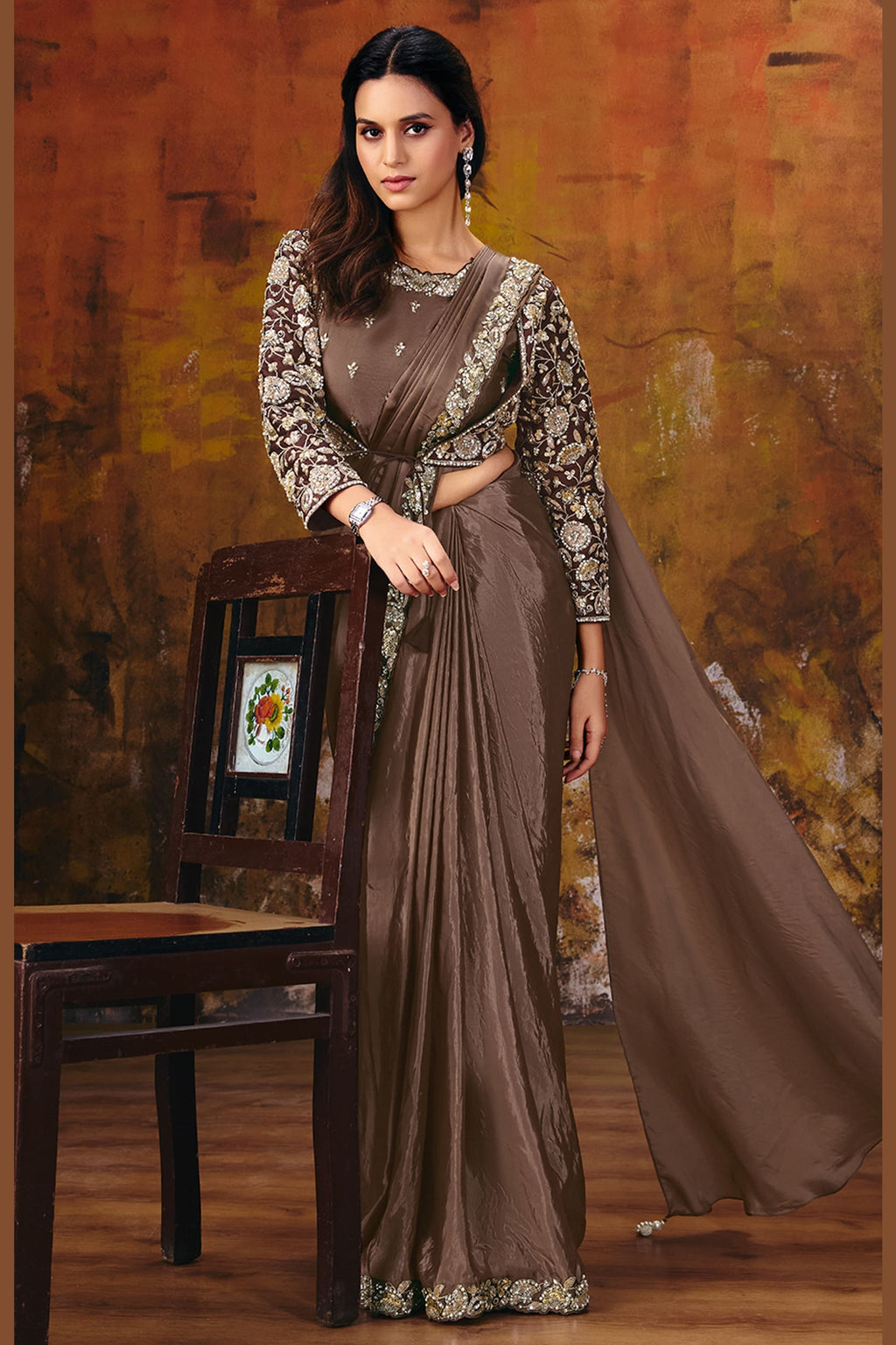 Brown satin designer saree with pearl and stone work, full front view